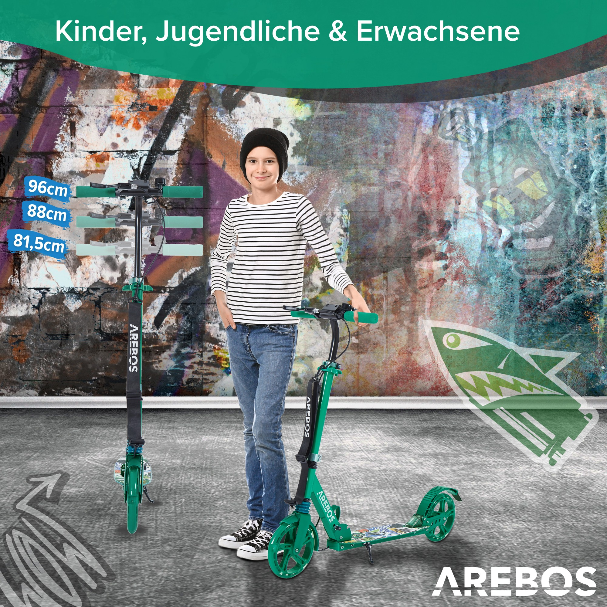 Ein Junge steht neben einem grünen Roller, mit Messungen beschriftet. Eine Hai-Grafik ist ebenfalls sichtbar.