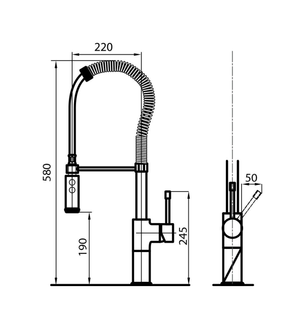 Disegno tecnico di un rubinetto da cucina con dimensioni e misure.