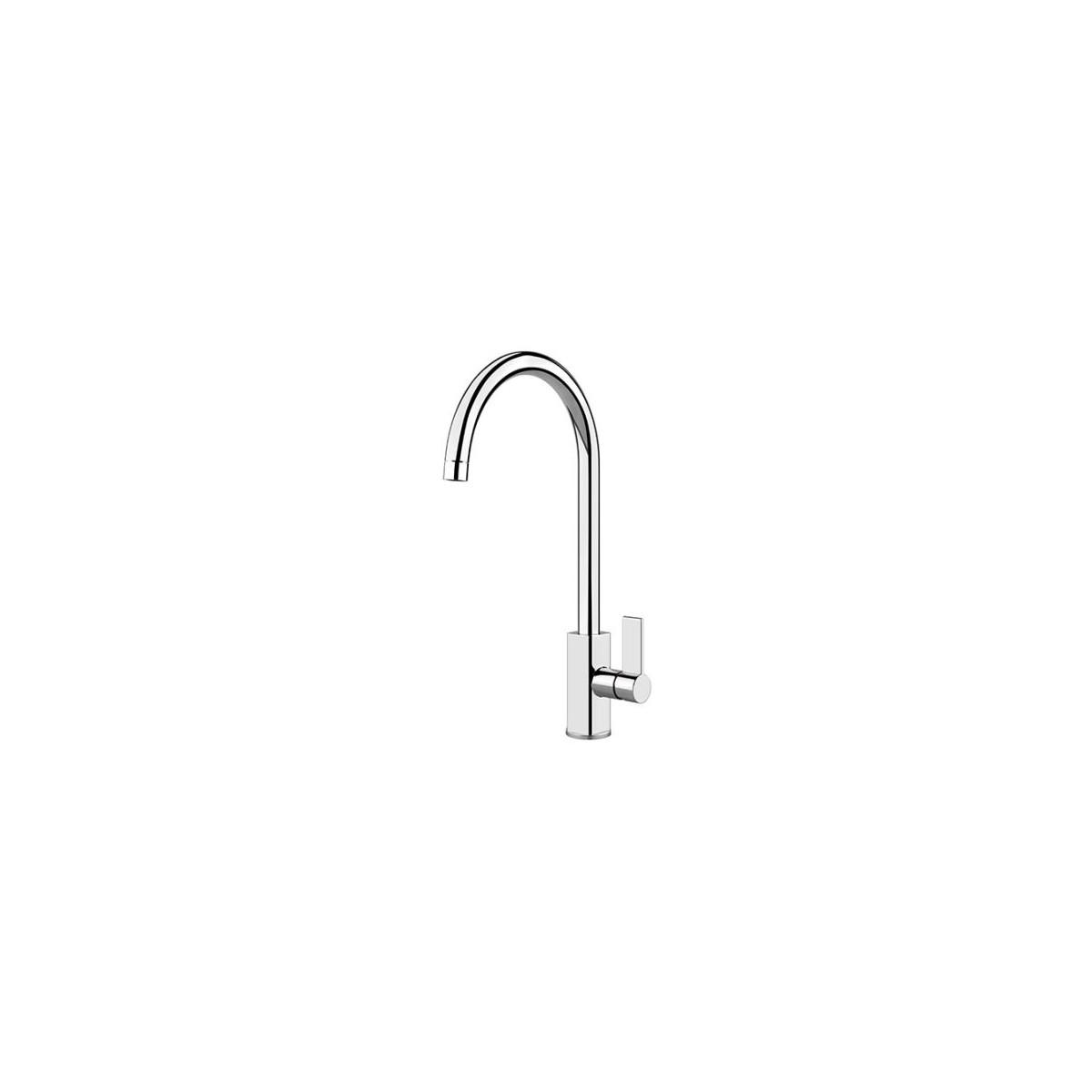 Un rubinetto cromato. Ha un beccuccio curvo e una leva singola per il controllo dell'acqua. Sfondo bianco.