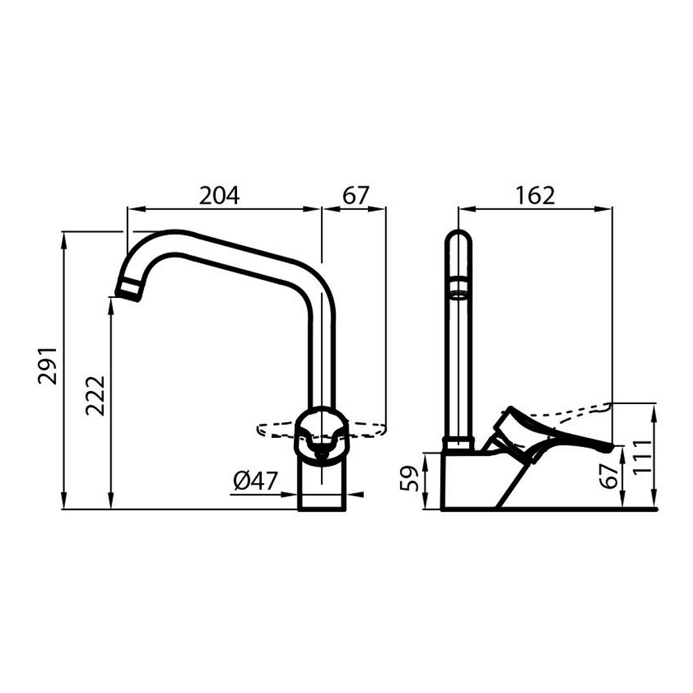 Disegno tecnico di un rubinetto da cucina, vista laterale e frontale con misure.