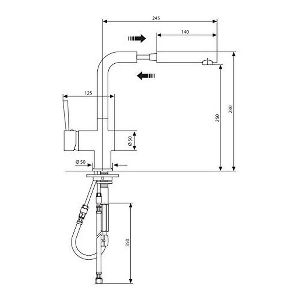 Technische Zeichnung eines Wasserhahns mit Maßen und Linien. Schwarz-Weiß-Schema.