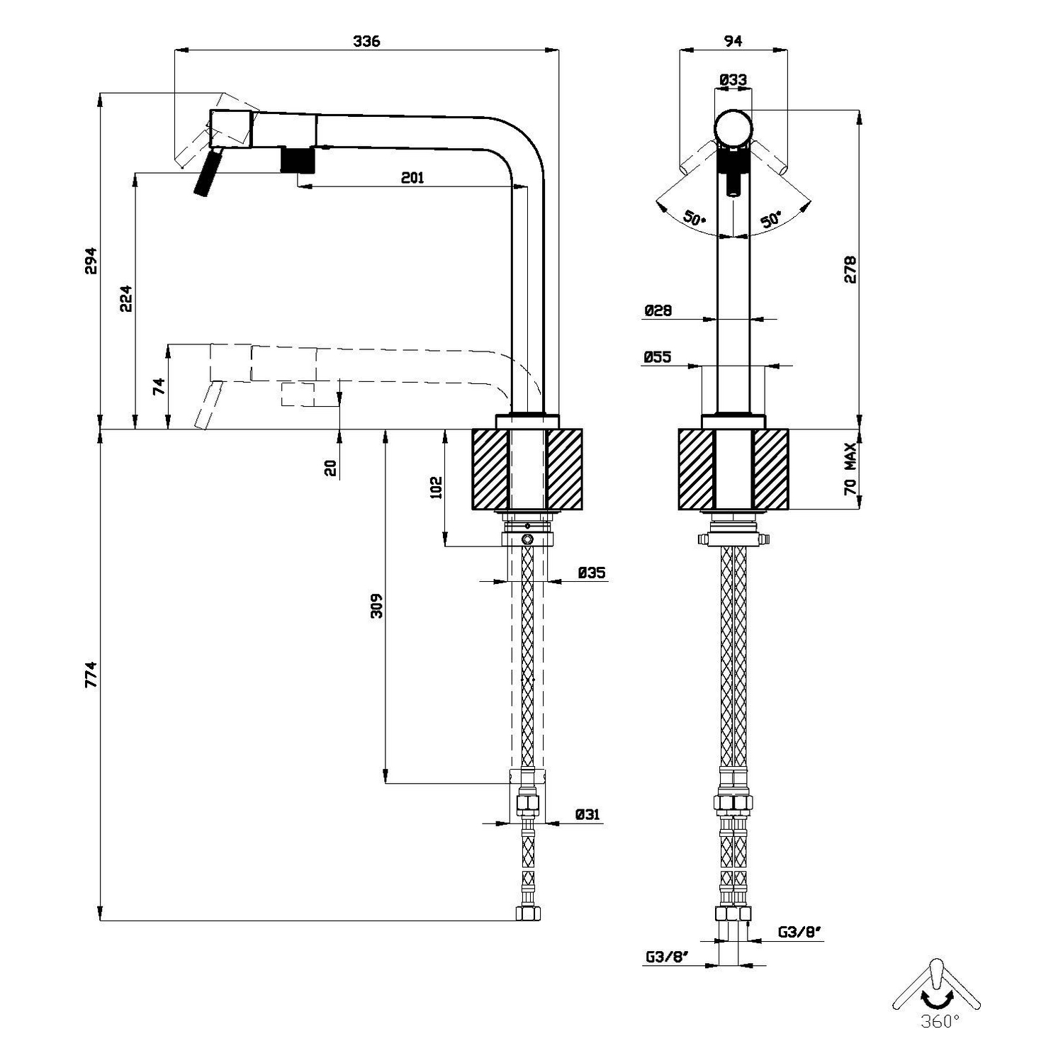 Disegno tecnico di un rubinetto con dimensioni e angoli.