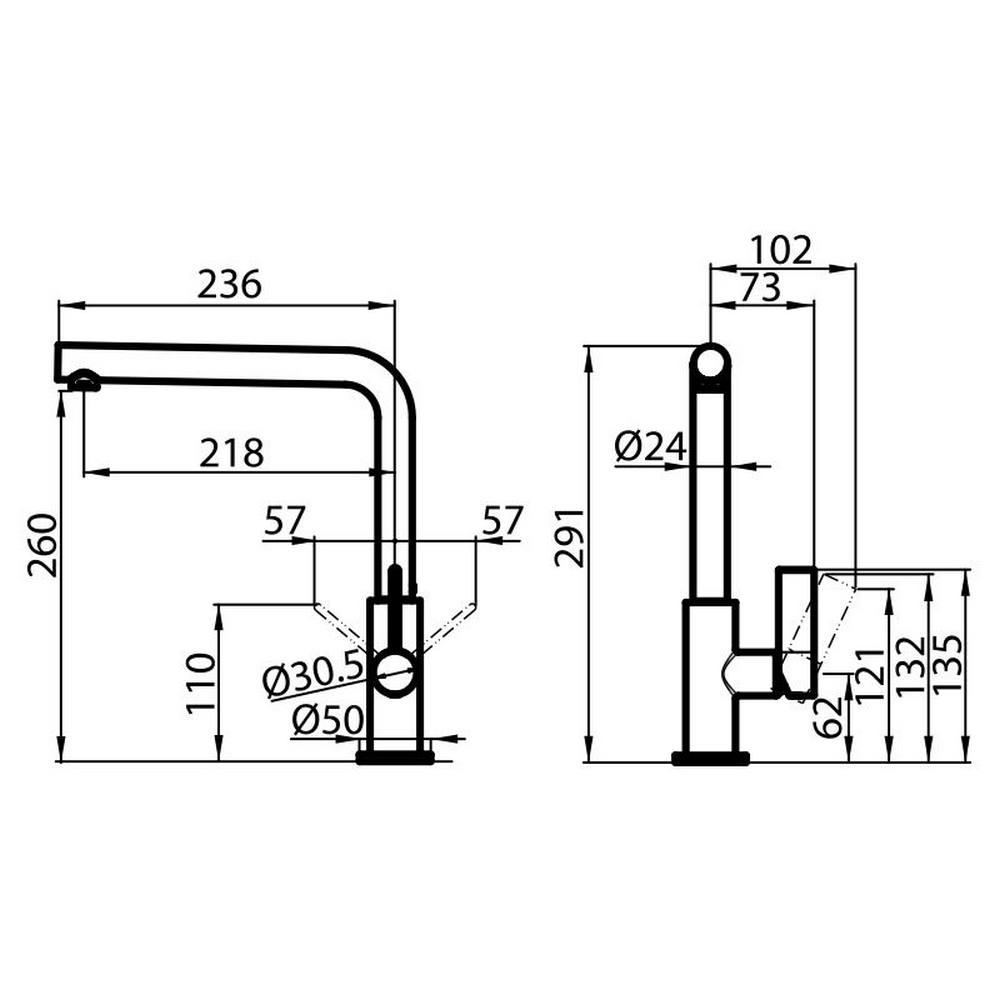 Disegno tecnico di un rubinetto con dimensioni e viste laterali.