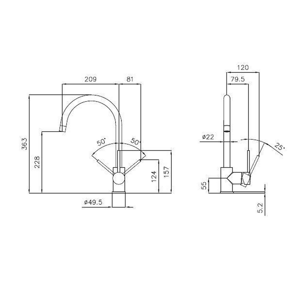 Disegno tecnico di un rubinetto da cucina cromato. Include dimensioni e angoli.