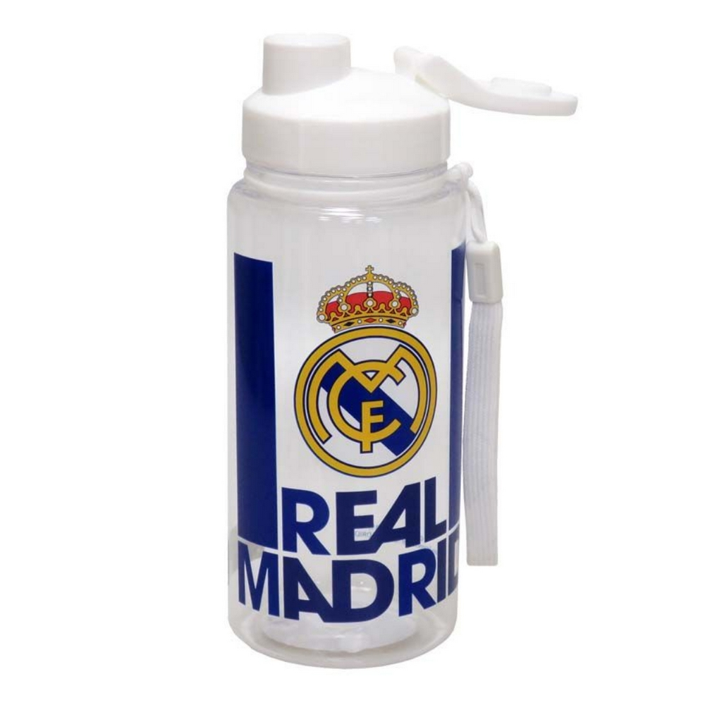 Botella de agua del Real Madrid con el logo del equipo y una franja azul.