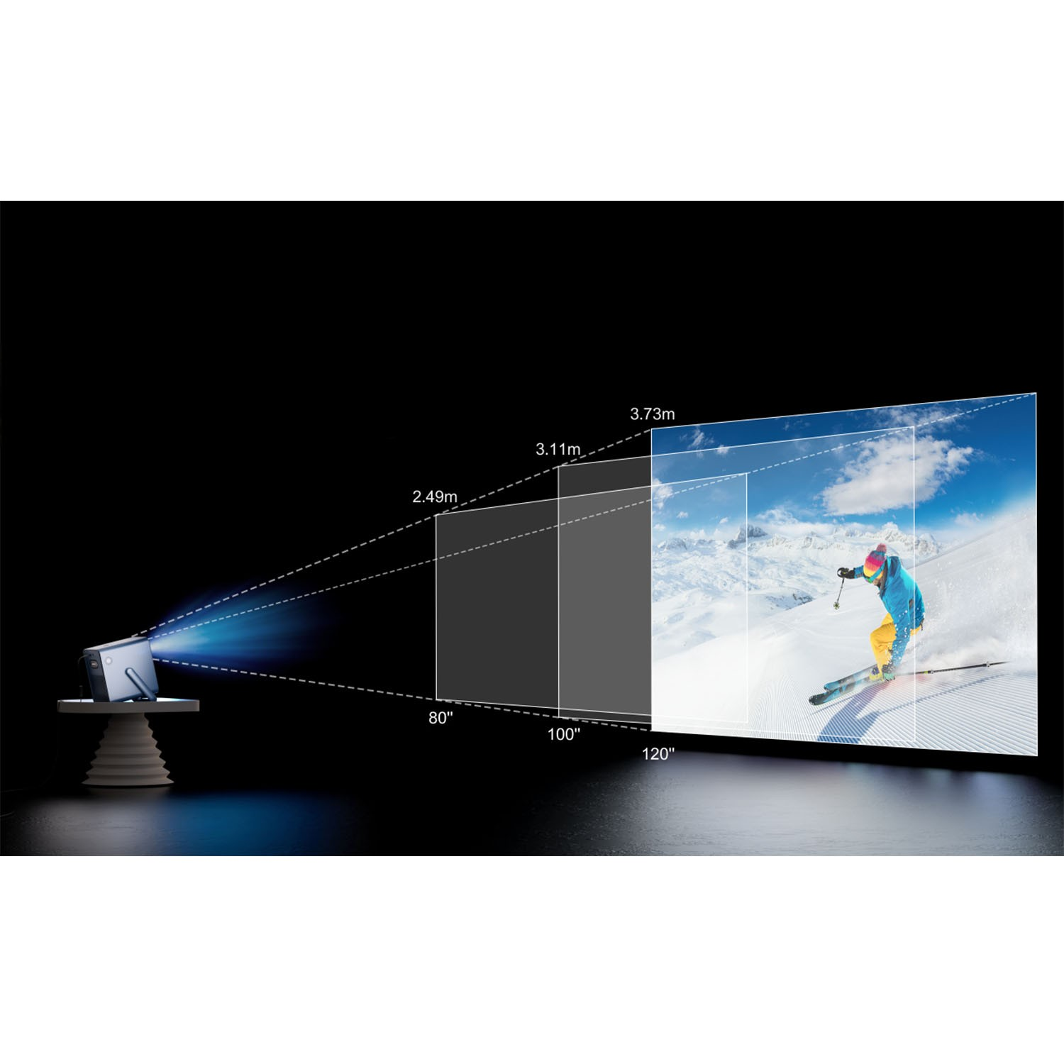 Un projecteur projetant une image d'un skieur sur une montagne enneigée. Lignes de mesure.
