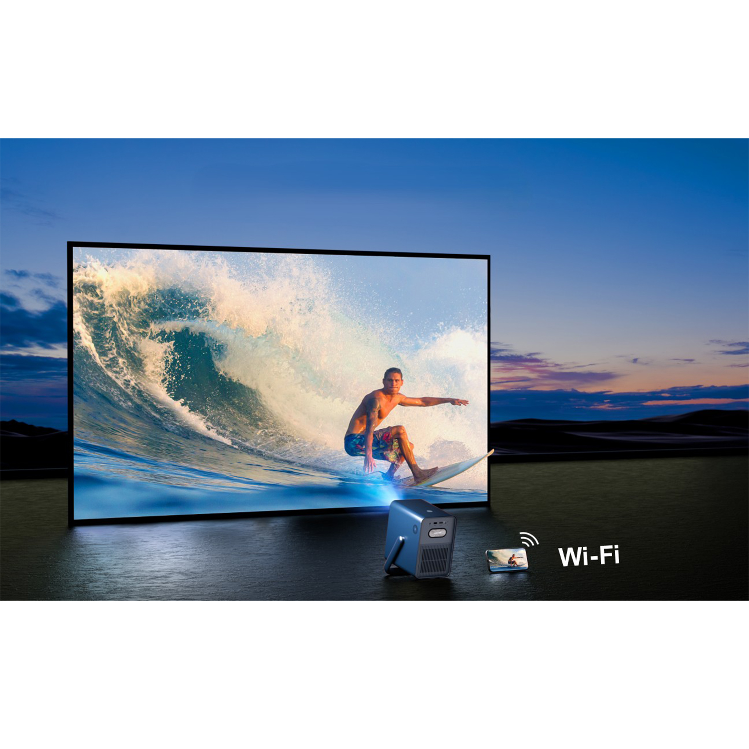 Un projecteur affichant un surfeur sur une vague. Texte Wi-Fi. Fond de ciel bleu et d'eau.