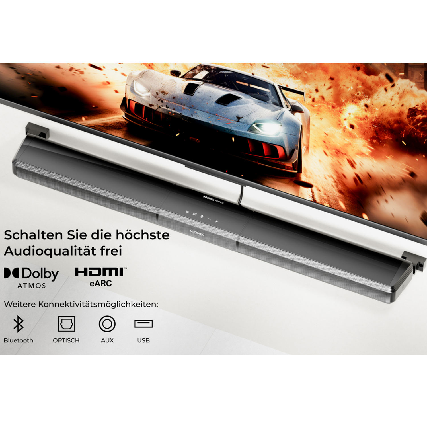 Eine schwarze Soundbar vor einem Fernseher, der eine Autounfall-Szene und Text zeigt.