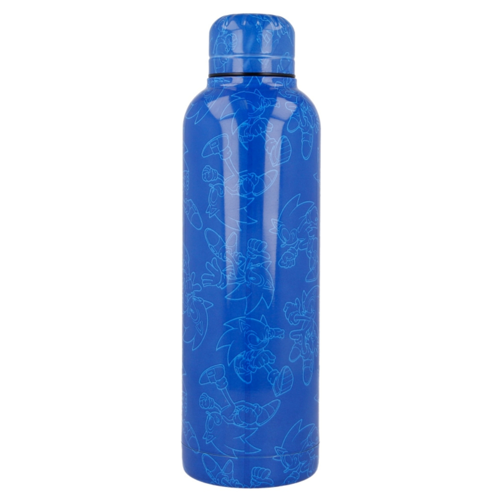Una botella de agua azul con un patrón de personajes de dibujos animados de Sonic.