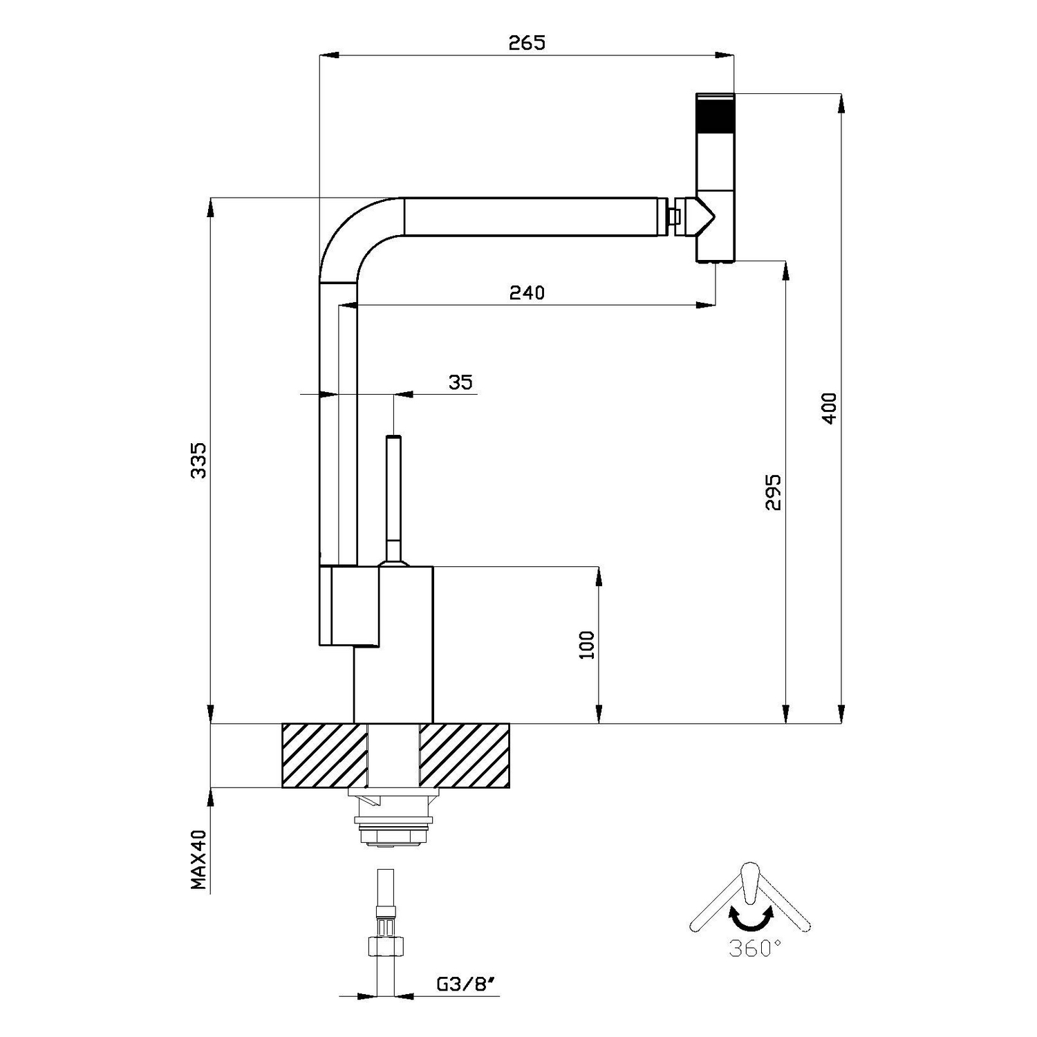 Disegno tecnico di un rubinetto, con dimensioni e dettagli del design.