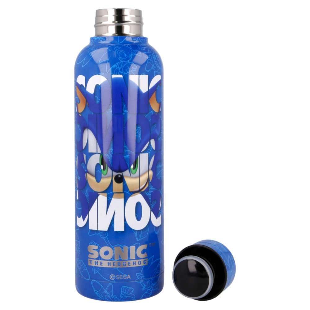 Botella de agua azul con diseño de Sonic the Hedgehog y la tapa al lado.