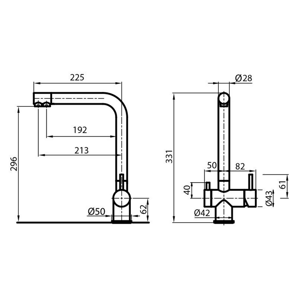 Disegno tecnico bidimensionale di un rubinetto con dimensioni. Bianco e nero.