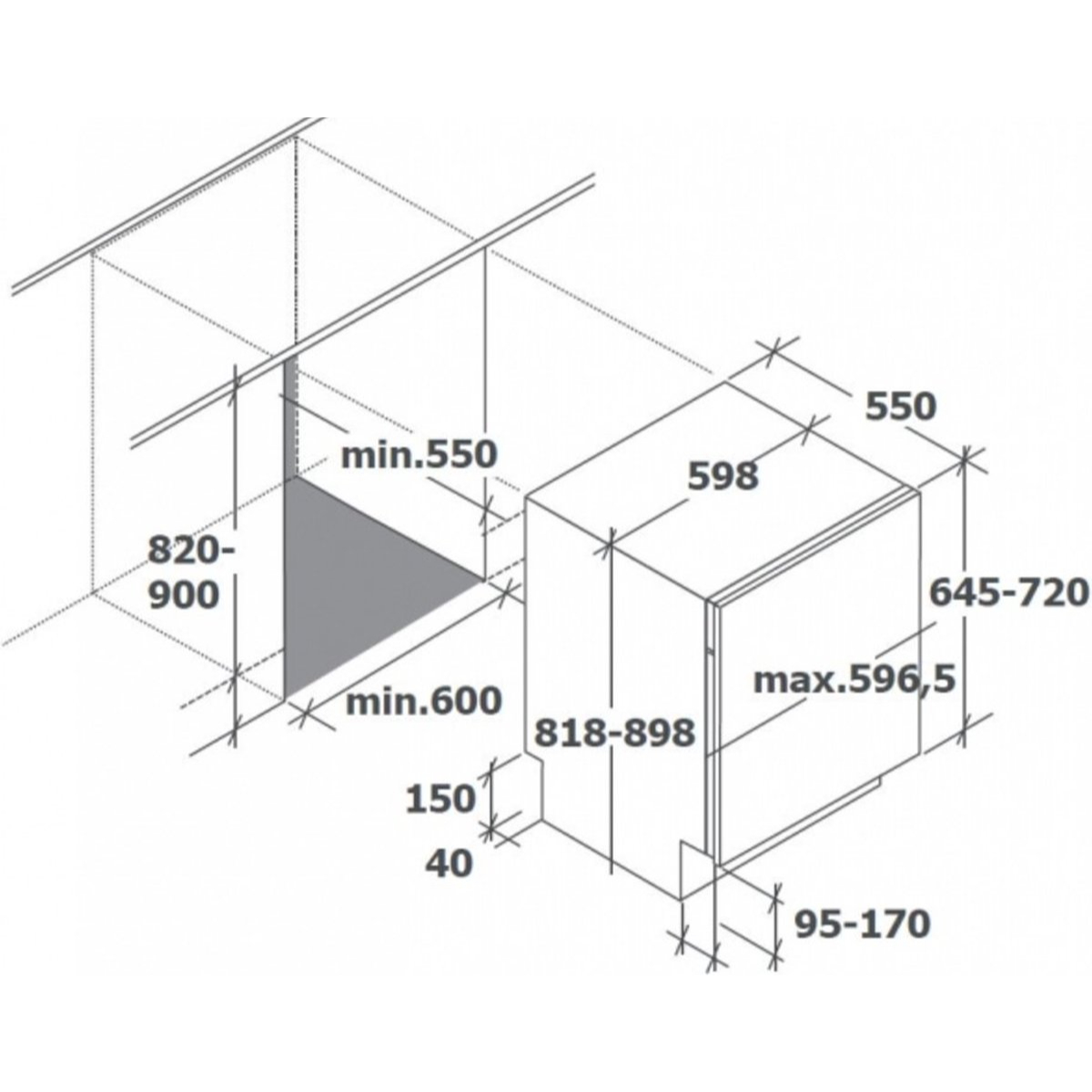 Disegno tecnico che mostra le dimensioni di una lavastoviglie e il suo spazio di installazione richiesto.