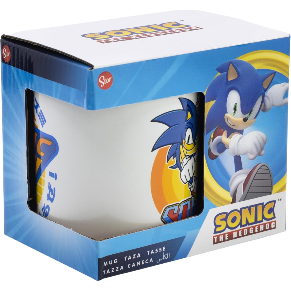 Una taza de Sonic the Hedgehog en una caja, con Sonic y las palabras 'Sonic the Hedgehog'.