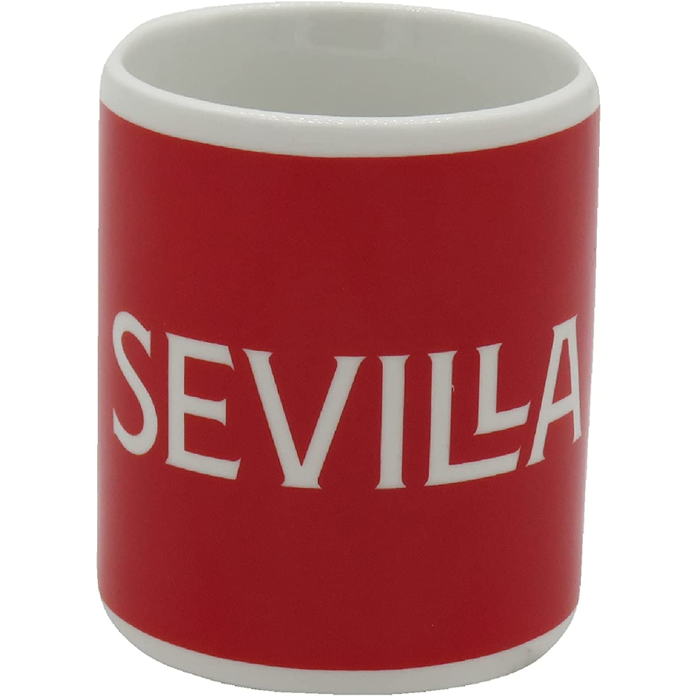 Taza roja y blanca del Sevilla. Con la palabra 'SEVILLA' al frente.