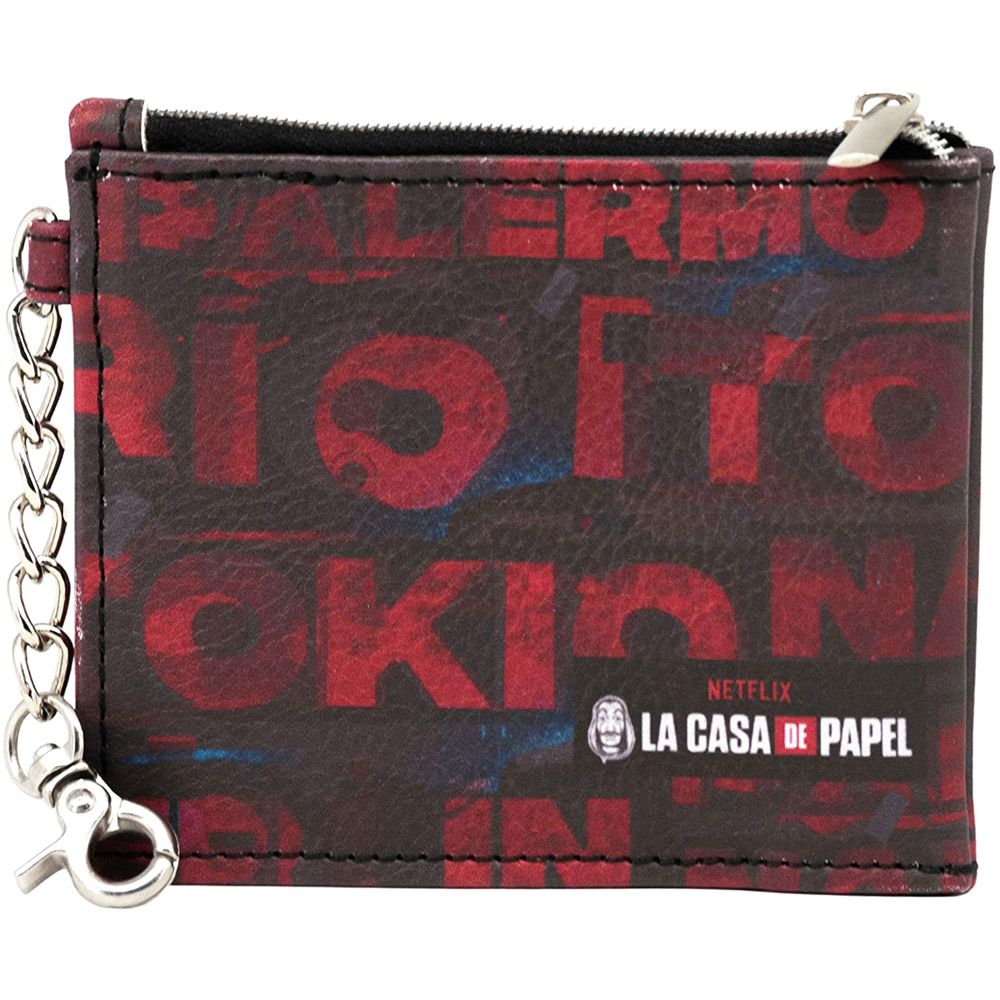 Cartera con logo de La Casa De Papel, palabras y una cadena con cierre.