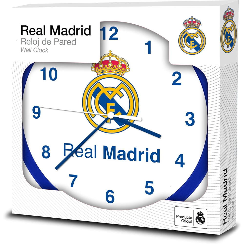 Reloj del Real Madrid en una caja, con el logo del equipo y diseño azul y blanco.