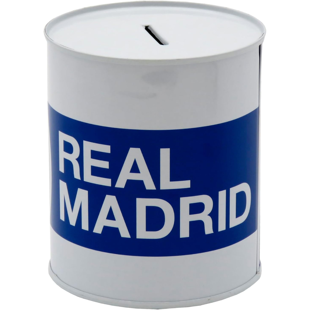Una hucha blanca del Real Madrid con una franja azul. Es cilíndrica y tiene una ranura en la parte superior.