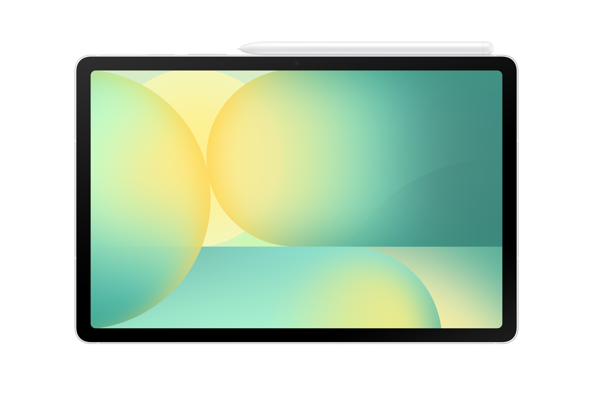 Tablet z zielono-żółtym gradientowym ekranem i białym rysikiem. Białe tło.