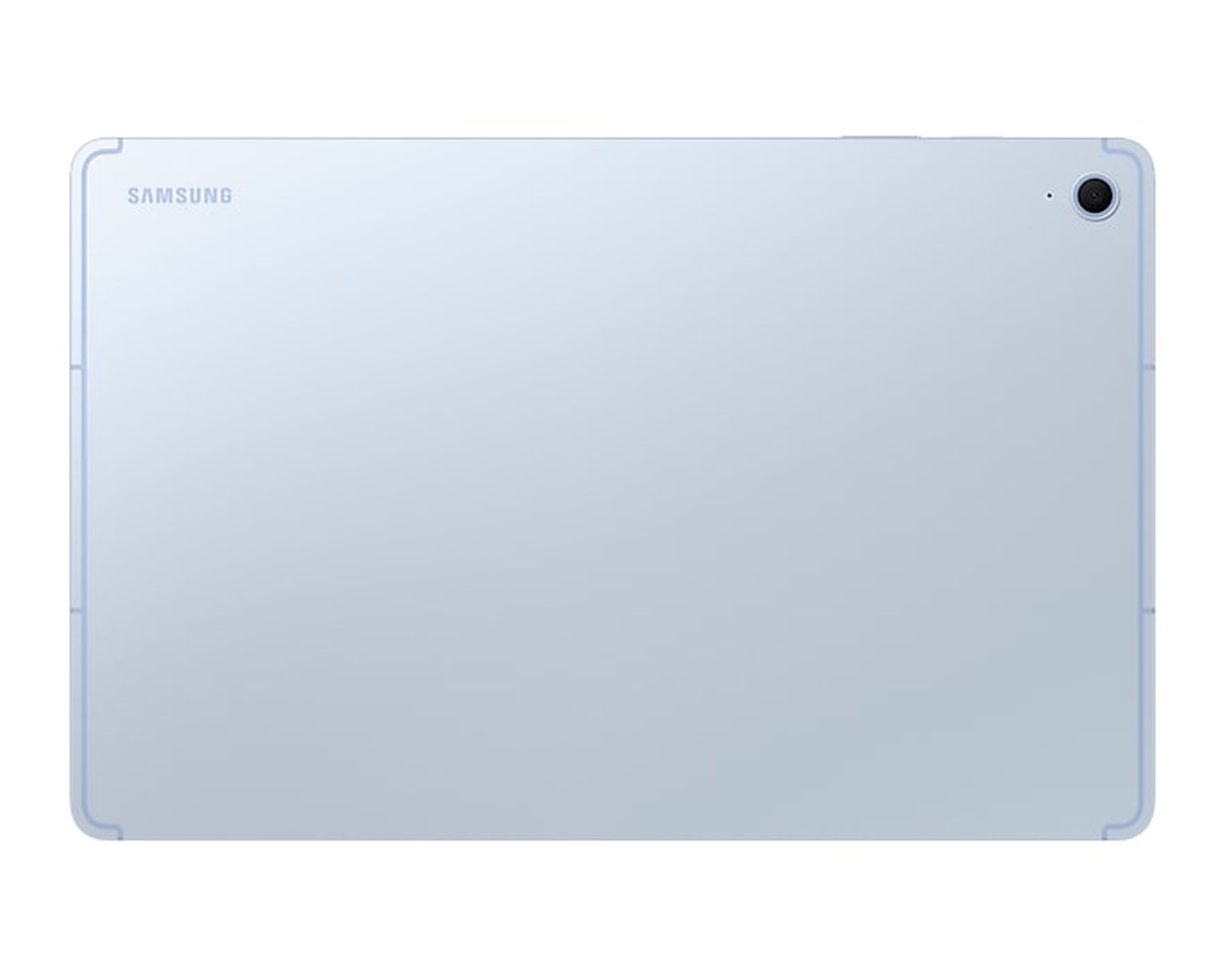 Jasnoniebieski tablet Samsung. Aparat na górze po prawej. Widok z tyłu. Czysty design. Jasnoniebieska ramka.