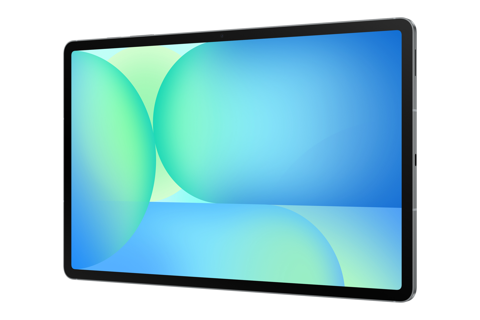 Tablet z dużym ekranem wyświetlającym niebiesko-zielony gradient.