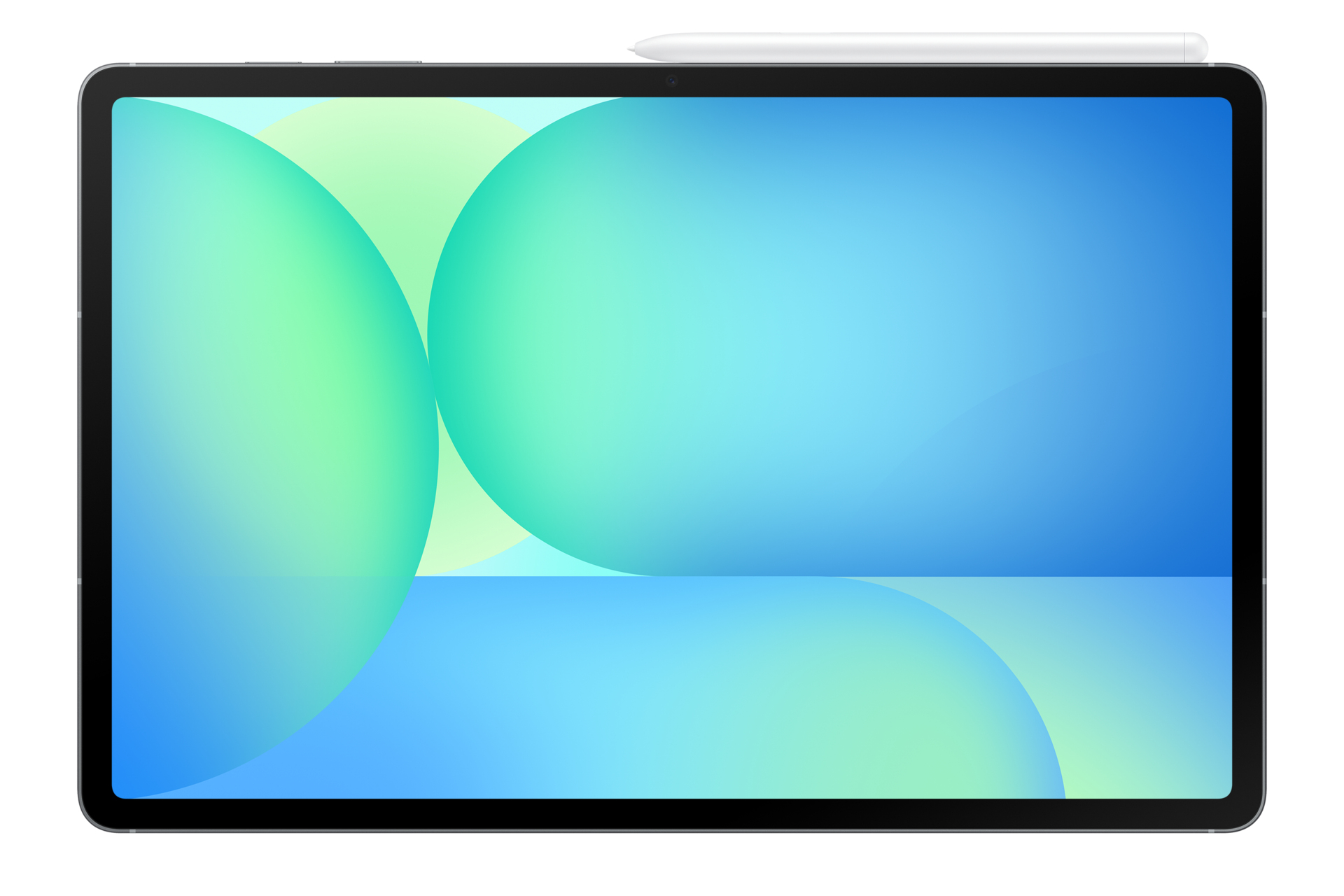 Tablet met blauw-groen verloop scherm. Stylus pen bovenop. Zwart frame. Witte achtergrond.