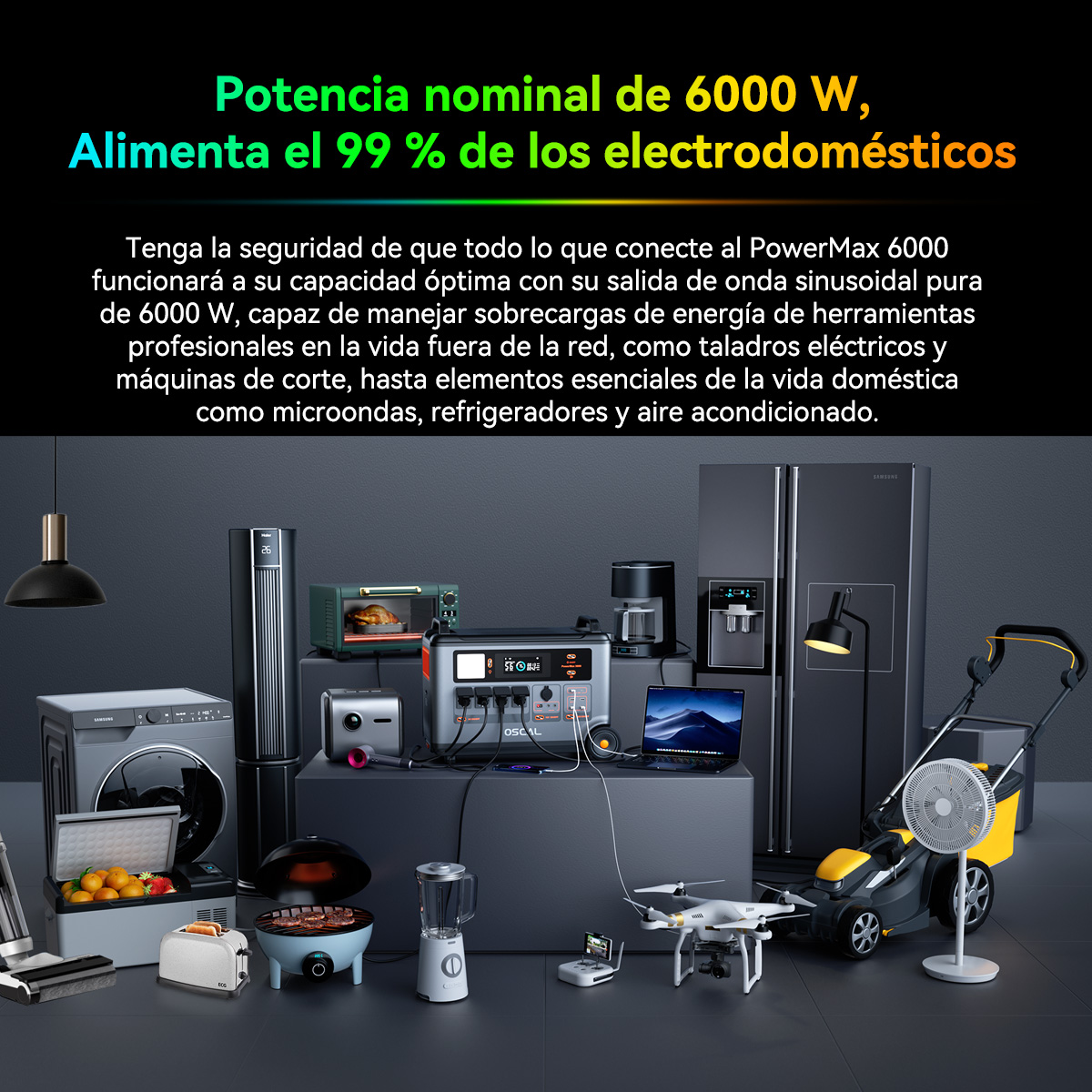Una imagen promocional con varios electrodomésticos y texto en español. La escena es un entorno de cocina moderno.