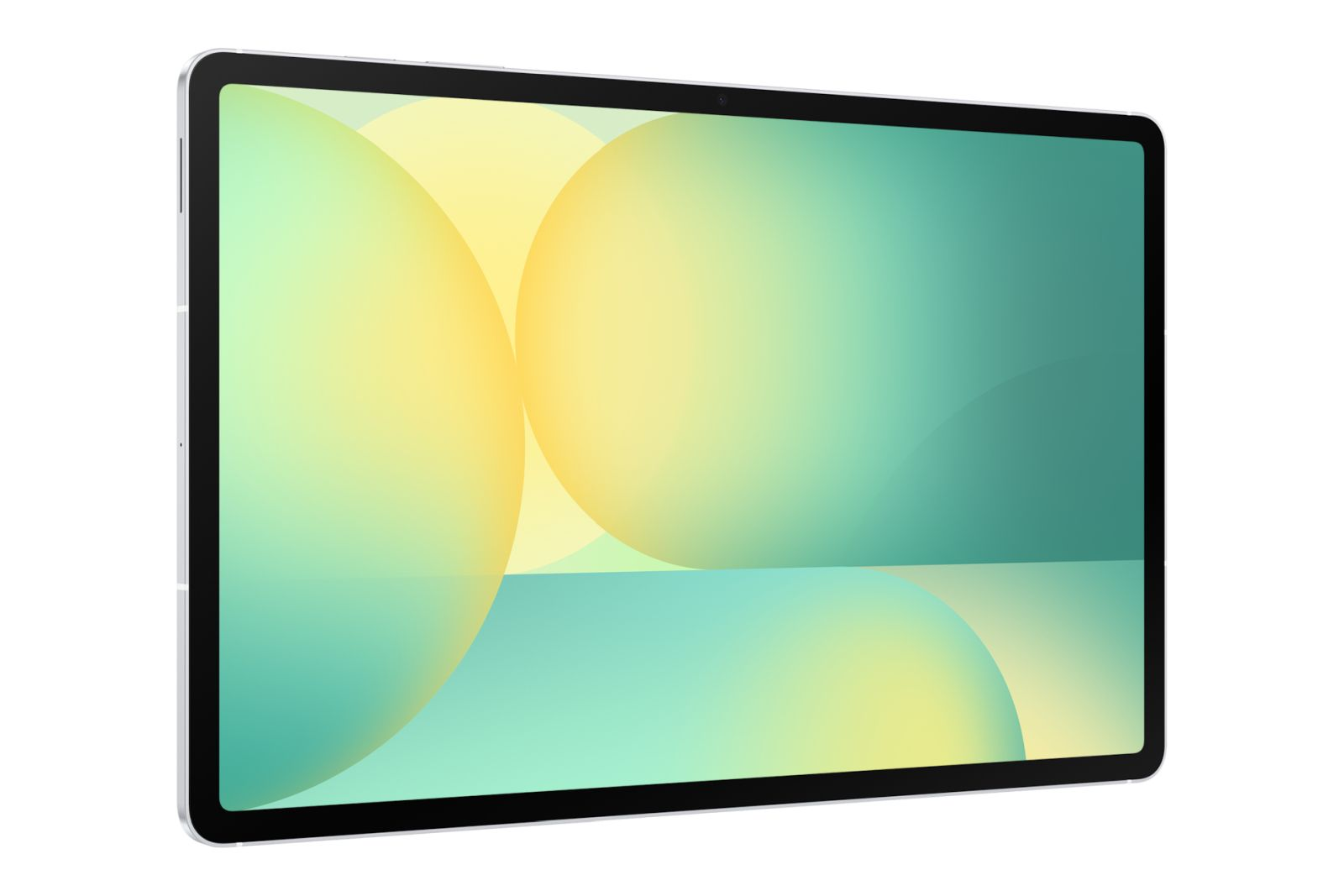 Tablet z ekranem wyświetlającym żółte i zielone okręgi. Biała ramka.