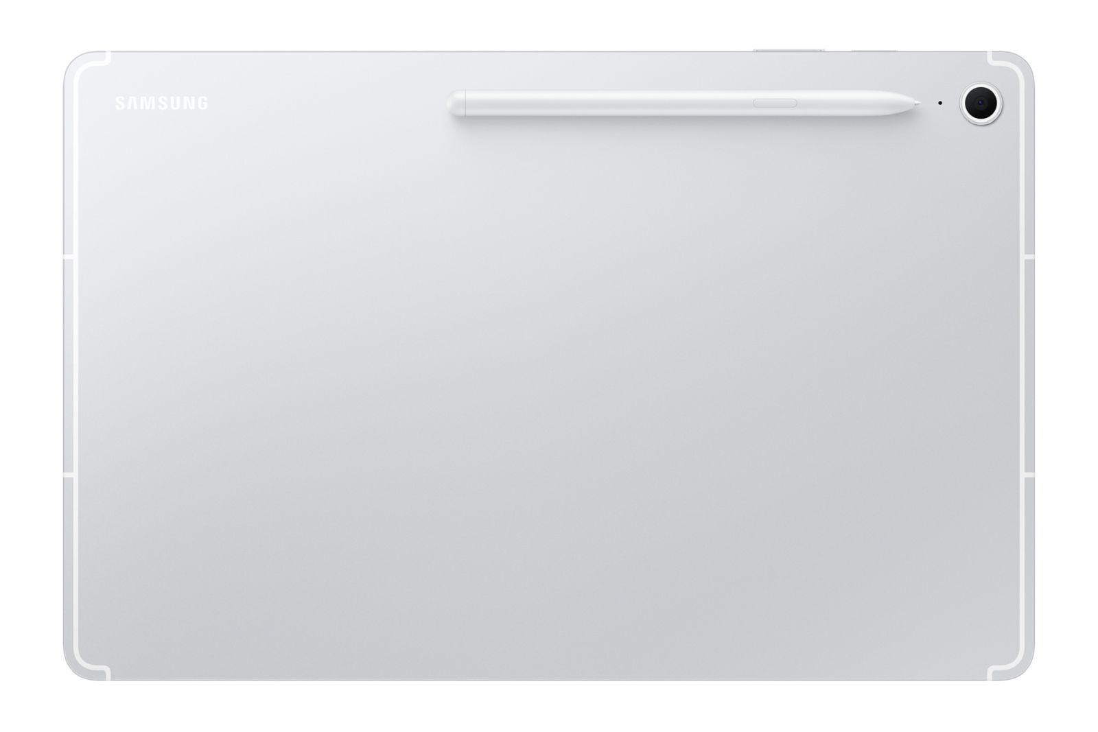 Srebrny tablet Samsung, pokazujący tył. Długopis jest przymocowany u góry.