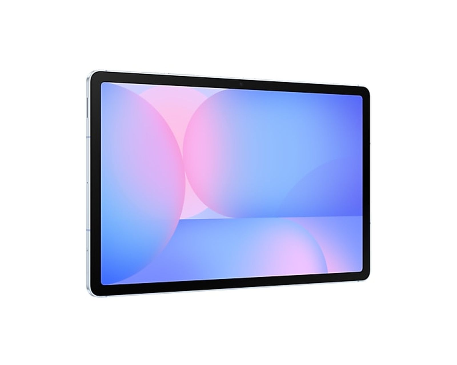 Tablet mit weißem Rahmen, das ein abstraktes rosa-blaues Design auf dem Bildschirm zeigt.
