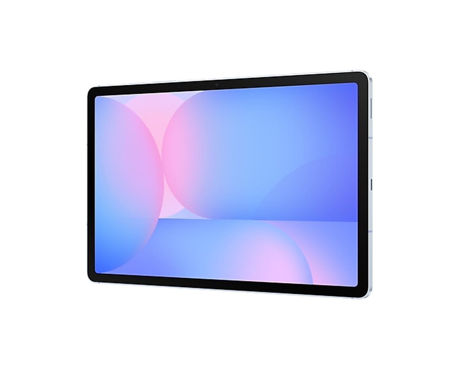 Tablet con sfondo blu e rosa. Cornice nera. Fotocamera in alto. Sfondo bianco.