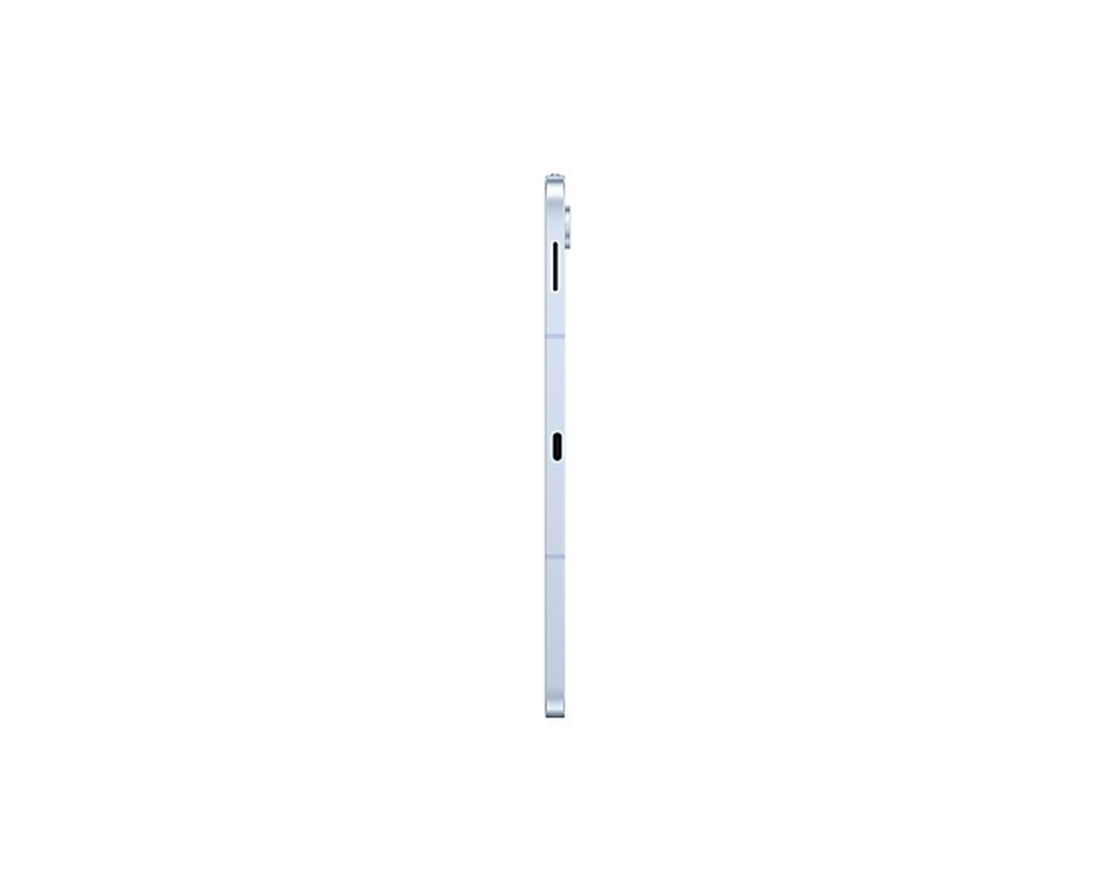 Vista laterale di un tablet azzurro su sfondo bianco. Ha un profilo sottile.