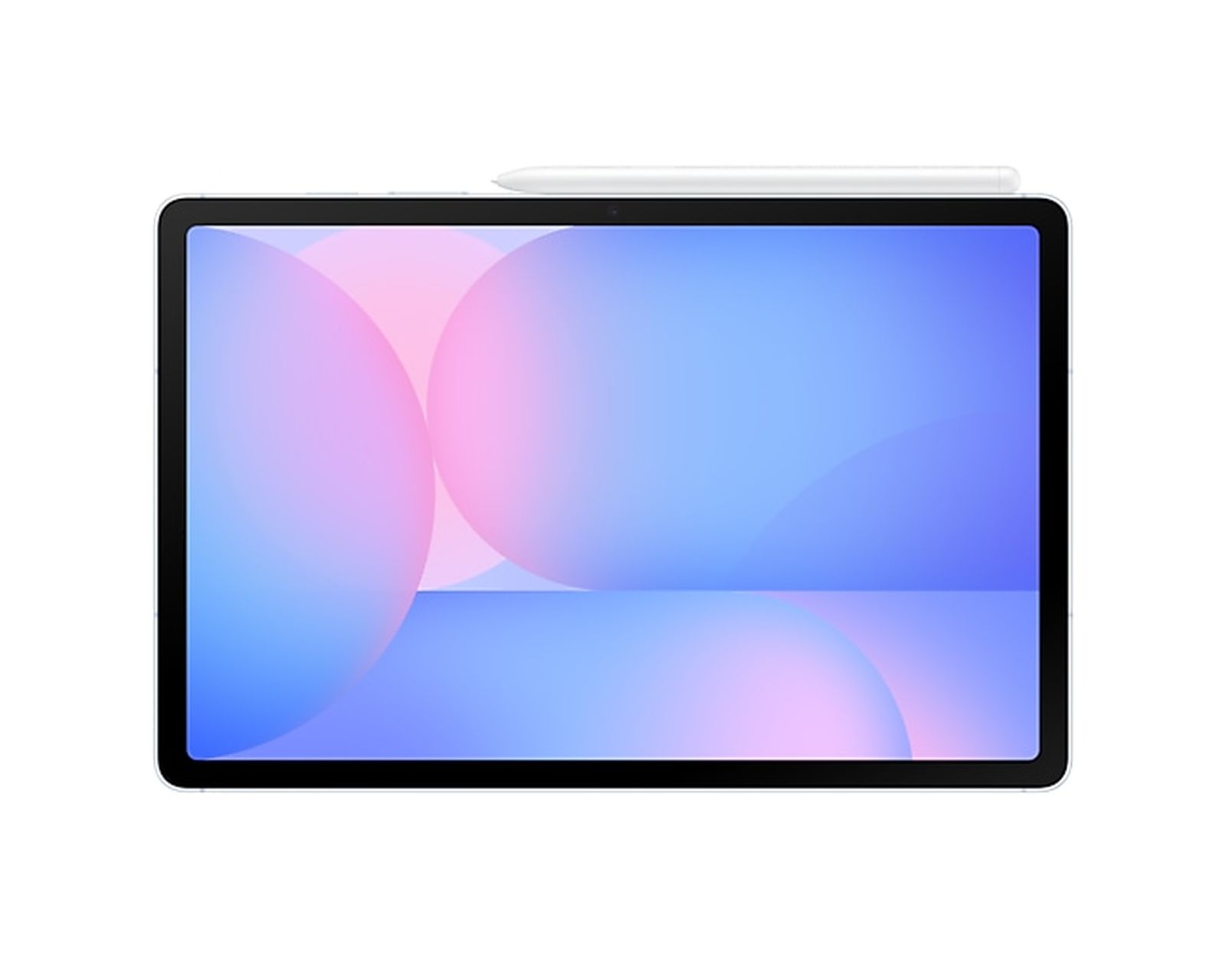 Tableta con un lápiz blanco encima, mostrando un fondo colorido.