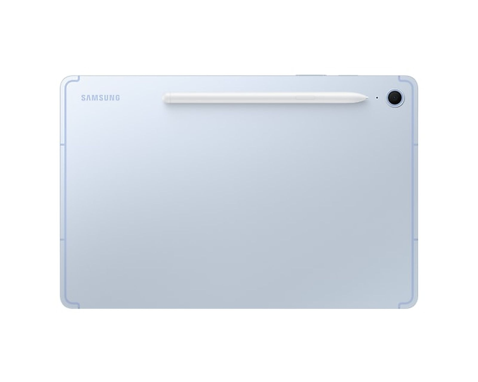 Ein hellblaues Samsung Tablet, Rückansicht, mit angebrachtem Stift. Die Kameralinse ist sichtbar.