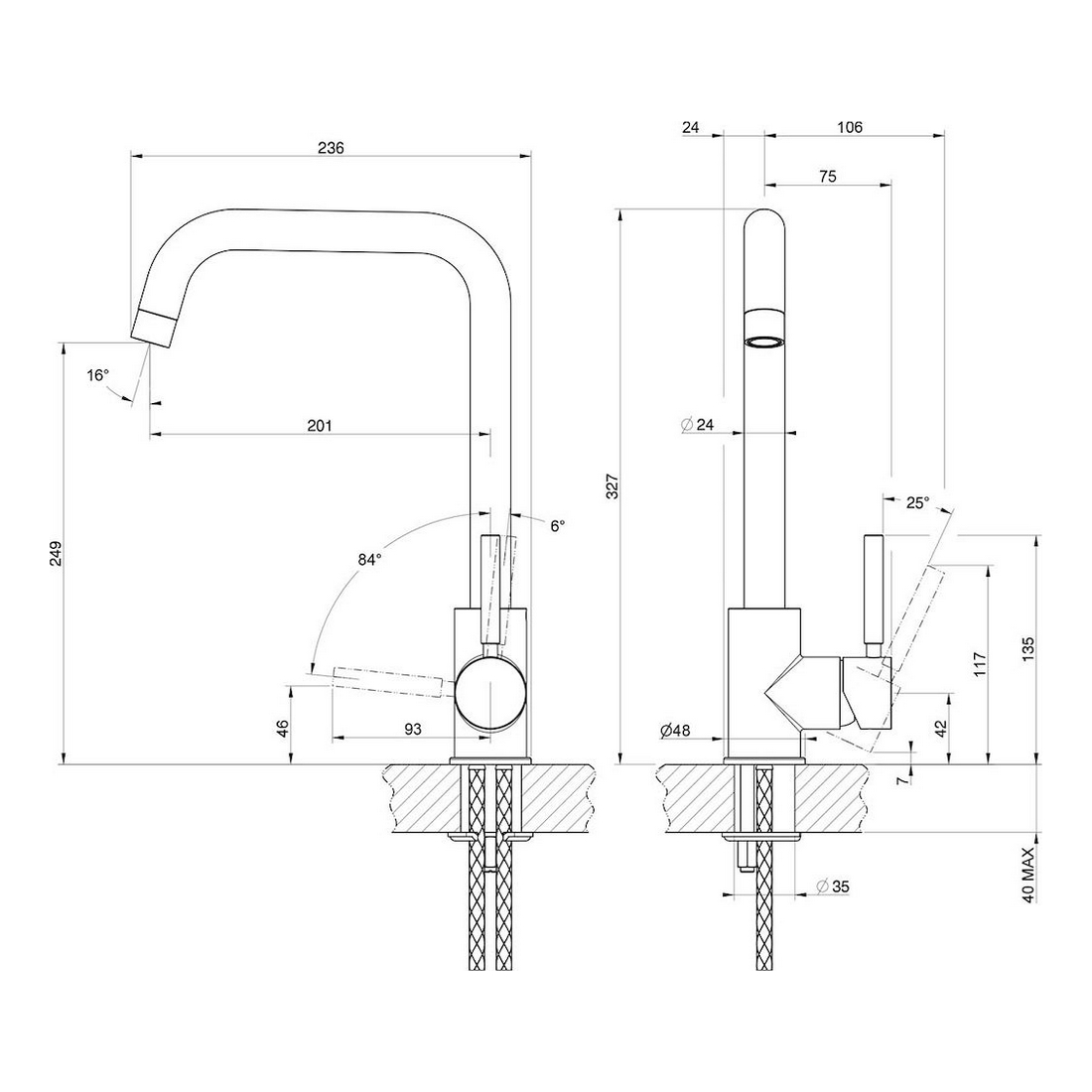 Disegno tecnico di un rubinetto con dimensioni, che mostra viste laterali e frontali.