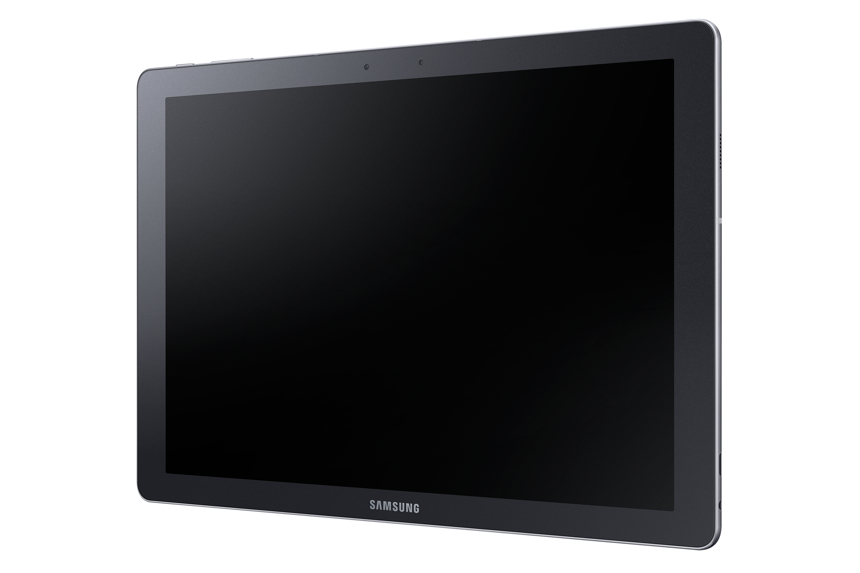 Ein schwarzes Tablet mit Samsung-Logo auf weißem Hintergrund.