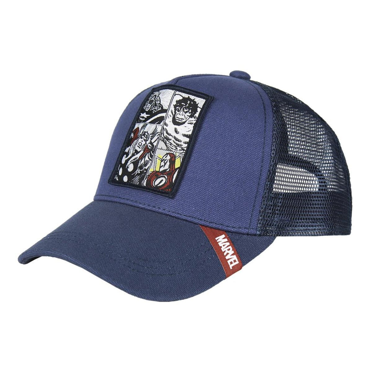 Gorra azul con cómics de Marvel, malla negra y logotipo de Marvel.