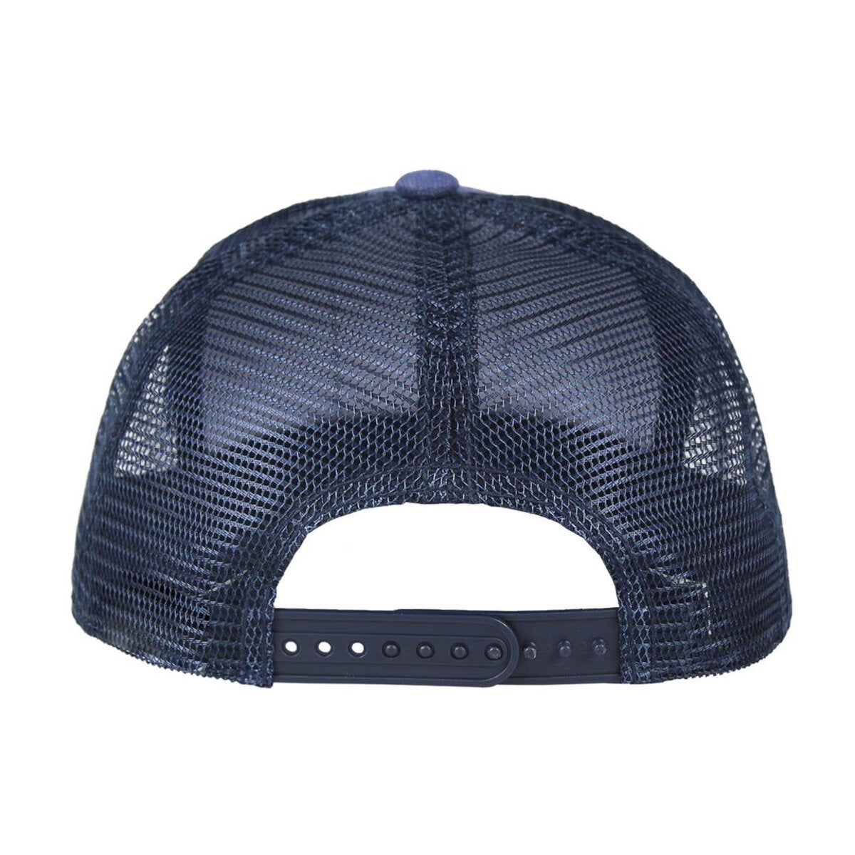 Parte trasera de una gorra trucker de malla azul marino.