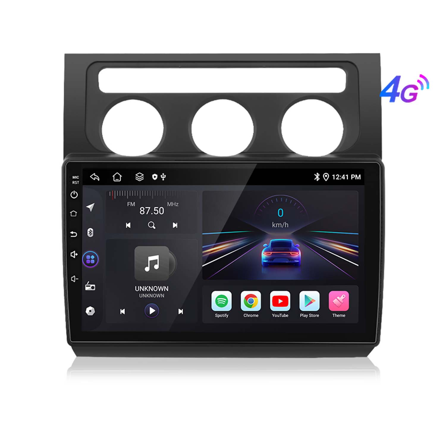 Schermo dell'autoradio. Mostra radio, musica e icone delle app. Simbolo 4G visibile in alto a destra.