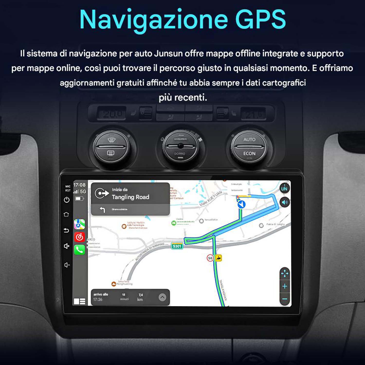 Schermo stereo auto che mostra una mappa di navigazione GPS con un percorso e altre informazioni di navigazione.