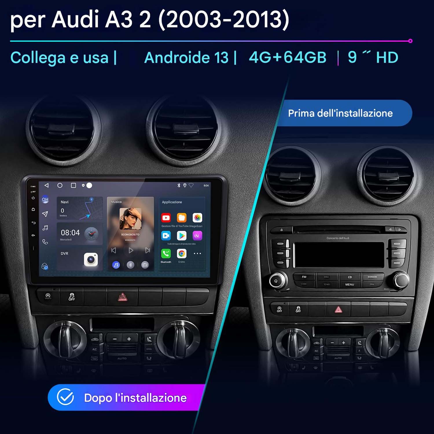 Installazione autoradio, confronto. Uno mostra schermo con app e musica. L'altro mostra la radio.