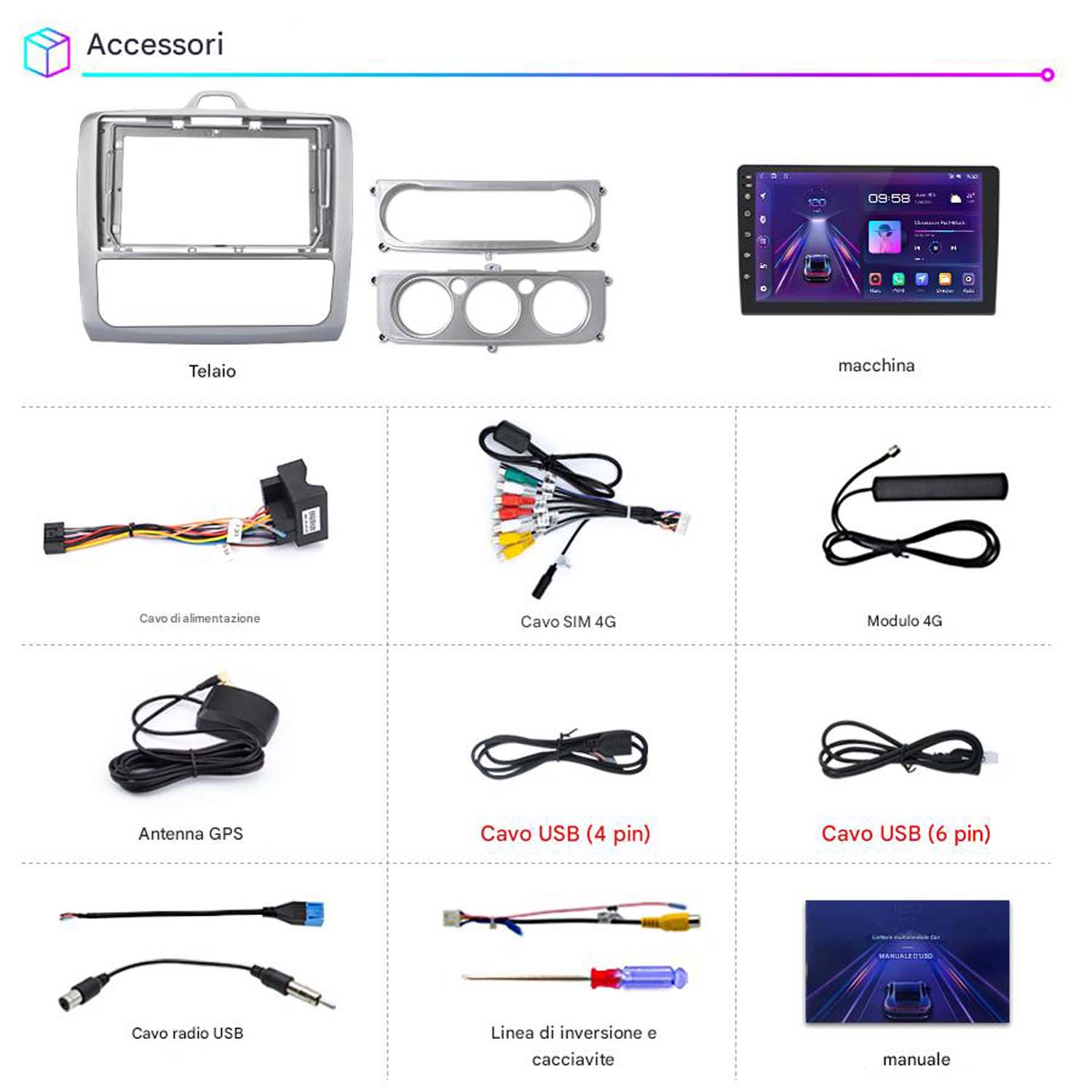 Accessori per l'installazione di un autoradio, inclusi cavi, telaio e SIM.