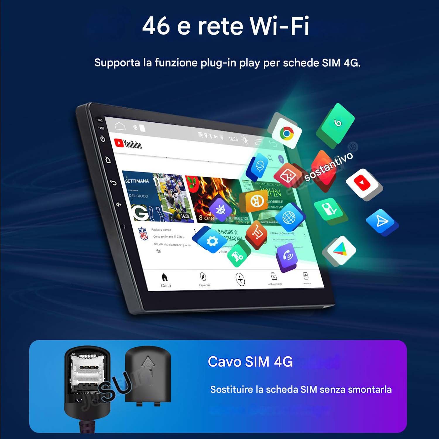 Schermo stereo auto che mostra icone di app e un cavo per scheda SIM con la scheda installata e non installata.