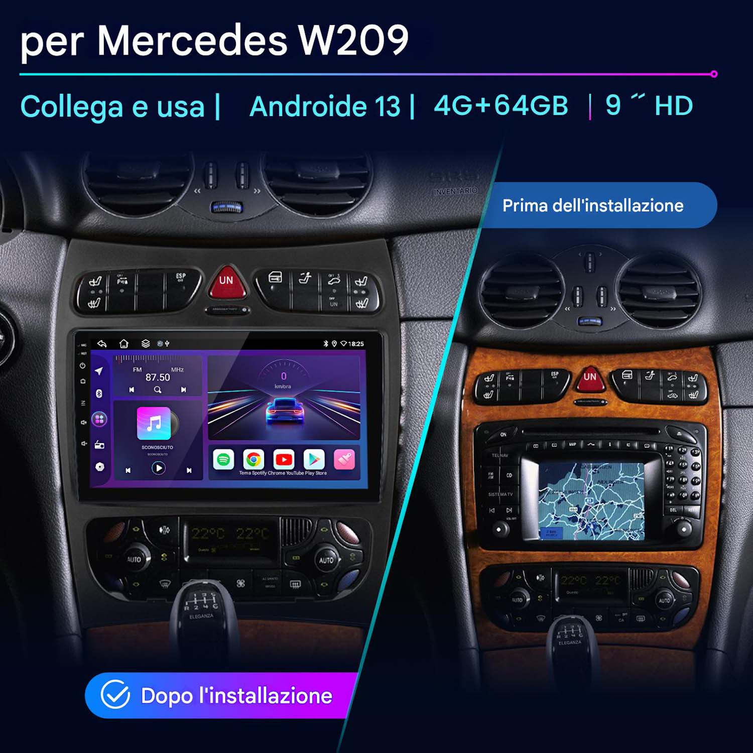 Schermo stereo auto che mostra un confronto tra prima e dopo l'installazione. L'originale contro il nuovo stereo.