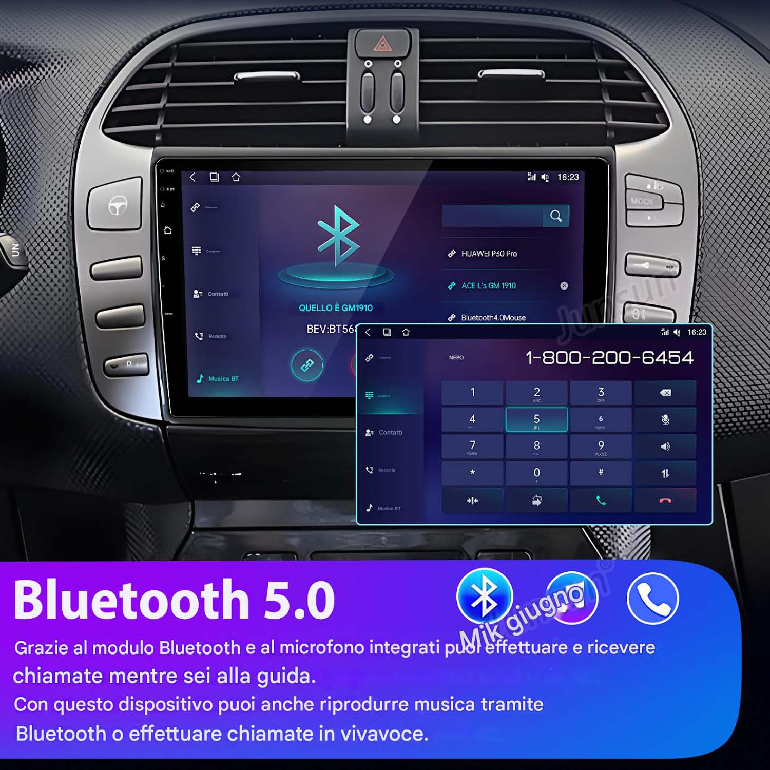 Cruscotto auto con display touchscreen con funzioni Bluetooth e tastierino numerico.