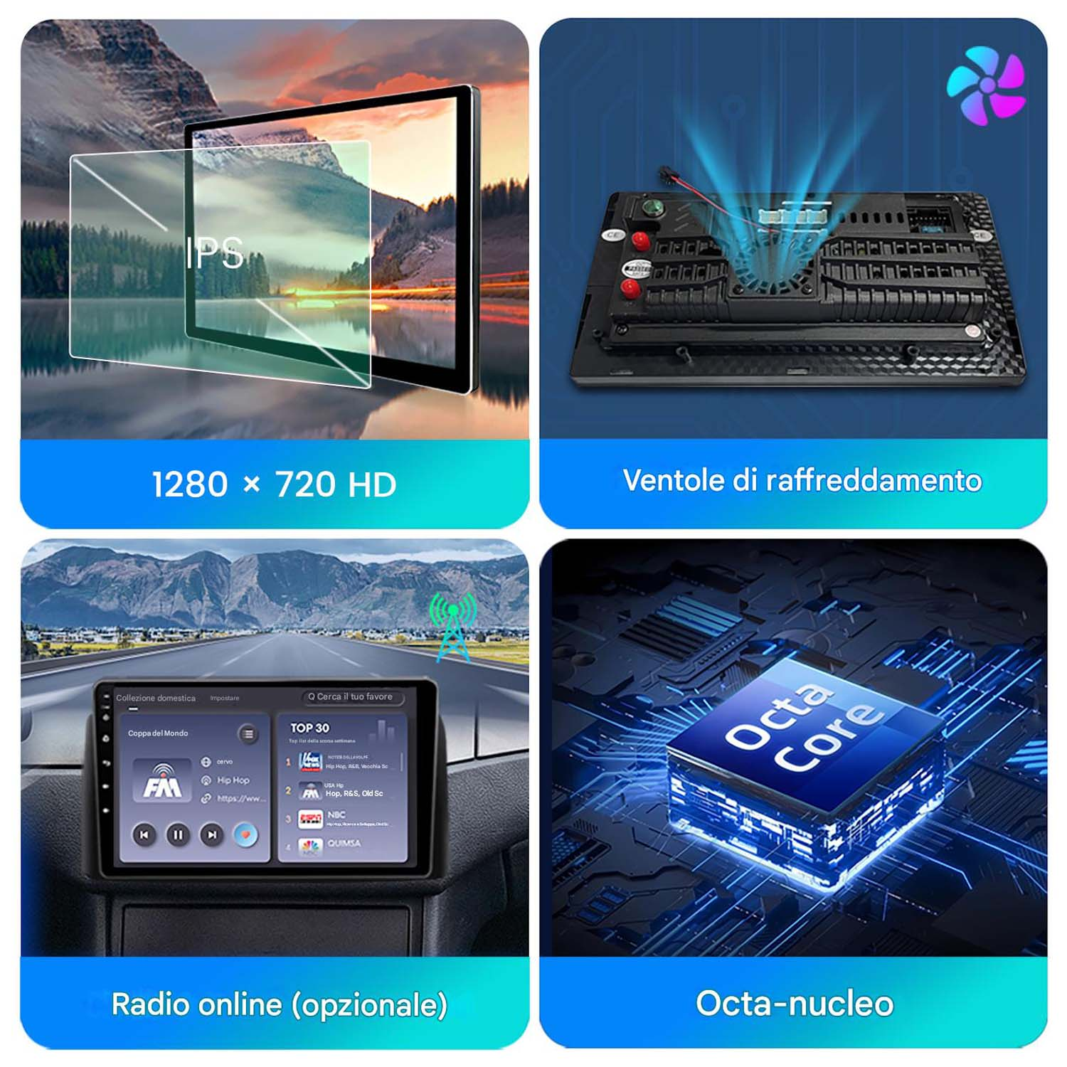 Quattro immagini: uno schermo, una ventola di raffreddamento, uno schermo radio per auto e un chip.