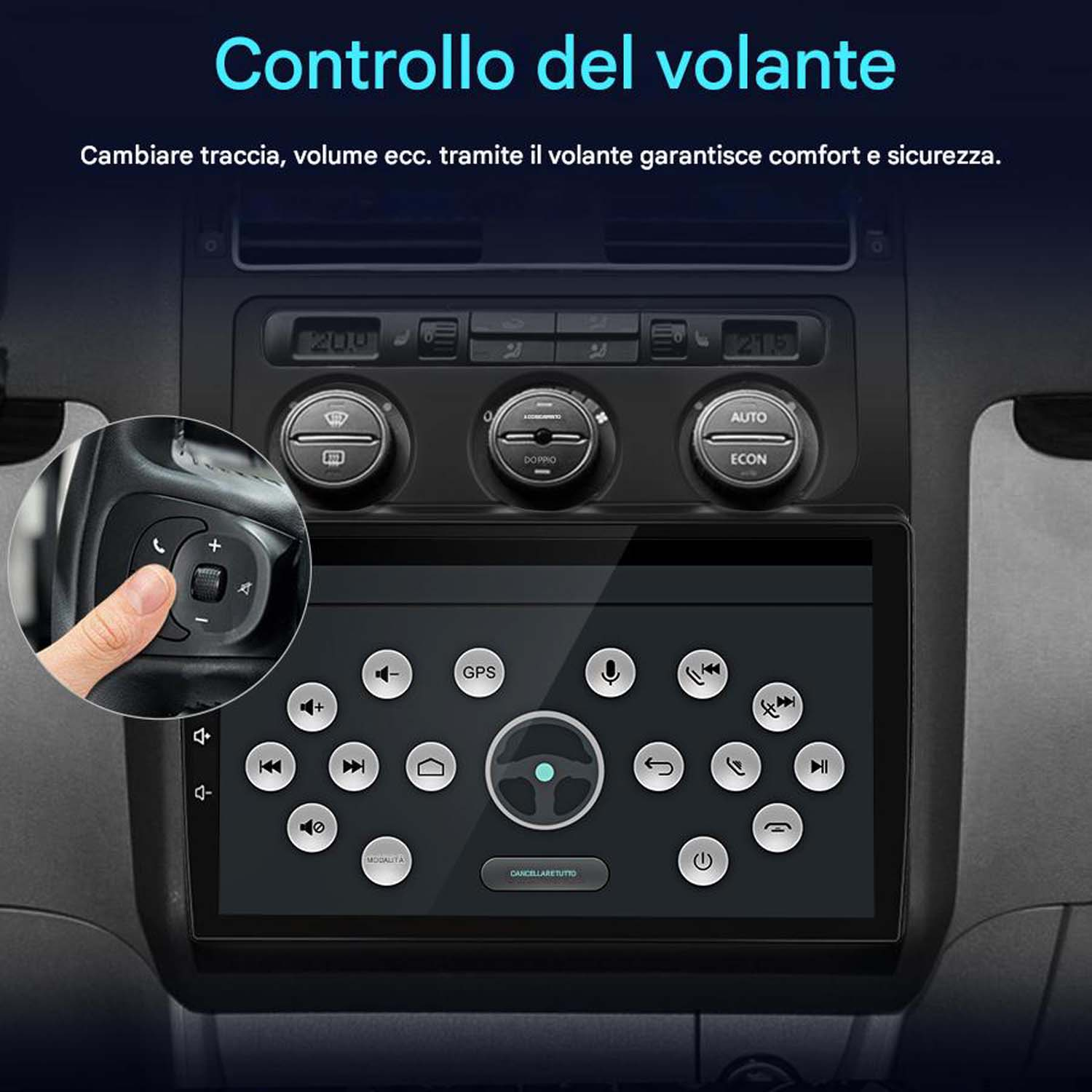 Caratteristiche del sistema di infotainment per auto: schermo HD, prese d'aria, radio opzionale.