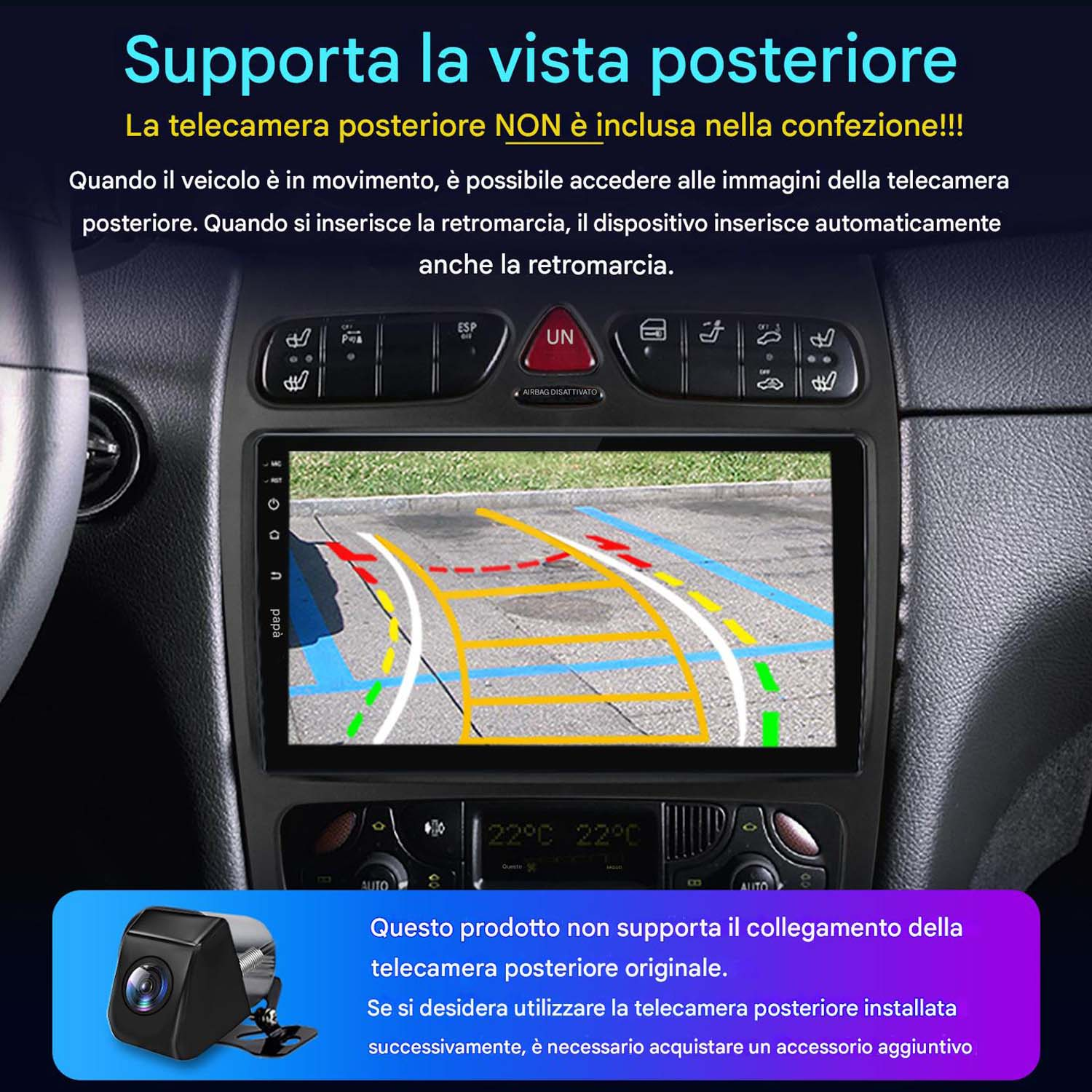 Schermo dell'autoradio che mostra una telecamera posteriore con linee di parcheggio e una telecamera in basso.