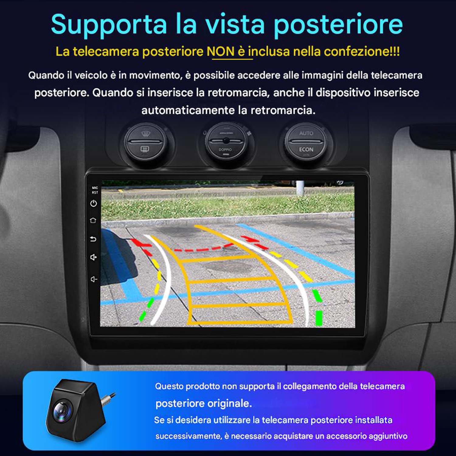 Schermo del cruscotto dell'auto mostra la vista della telecamera posteriore, con icona fotocamera.