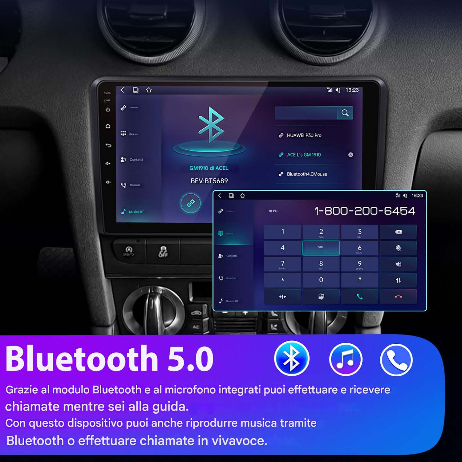 Schermo del sistema multimediale per auto che mostra le funzioni Bluetooth 5.0 e l'interfaccia telefonica.